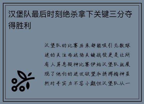 汉堡队最后时刻绝杀拿下关键三分夺得胜利