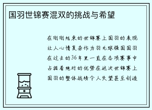 国羽世锦赛混双的挑战与希望