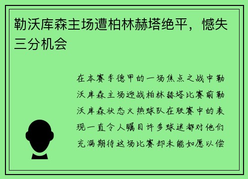 勒沃库森主场遭柏林赫塔绝平，憾失三分机会