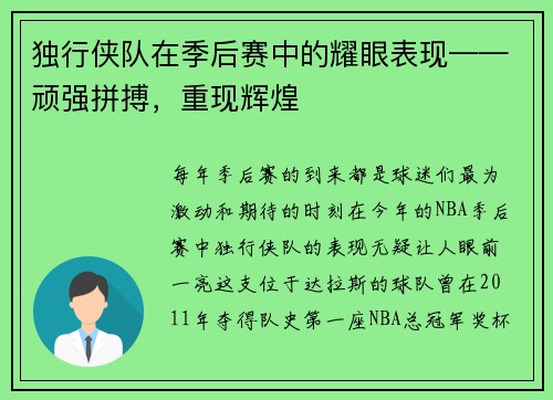 独行侠队在季后赛中的耀眼表现——顽强拼搏，重现辉煌